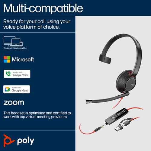 Poly Blackwire 5210 - Blackwire 5200 series - headset - on-ear - wired - 3.5 mm jack, USB-C - black - Certified for Microsoft Teams, Certified for Skype for Business, Cisco Jabber Certified, Avaya Certified, Works With Chromebook Certified, Zoom Certified, UC certified — view 9