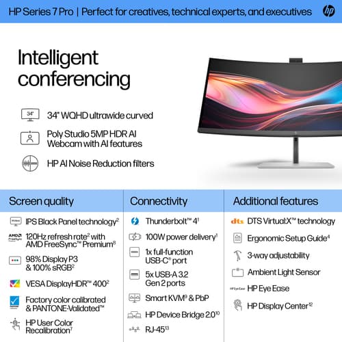 HP 734pm - Series 7 Pro - LED monitor - curved - 34" - 3440 x 1440 WQHD @ 120 Hz - IPS Black - 400 cd/m� - 2000:1 - DisplayHDR 400 - 5 ms - Thunderbolt 4, HDMI, DisplayPort, USB-C - speakers - black, silver — view 4