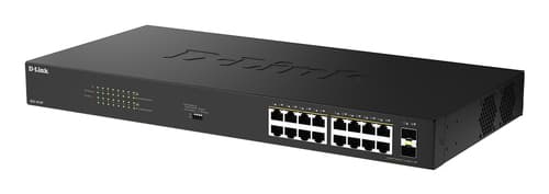 D-Link DGS 1018P - Switch - unmanaged - 16 x 10/100/1000 (PoE) + 2 x combo Gigabit SFP - rack-mountable, desktop - PoE (240 W) — view 4
