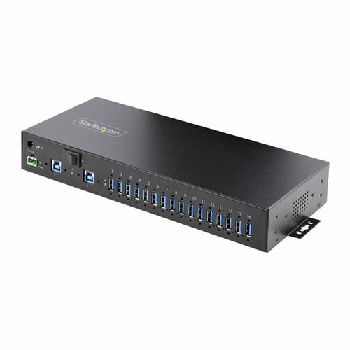 StarTech.com 16-Port Industrial USB 5Gbps Hub with Power Adapter, Metal Enclosure, Mountable, ESD Protection, Terminal Block Power, USB Charging, Dual-Host Switch - TAA - Hub - 16 x USB 3.2 Gen 1 - desktop, rack-mountable, wall-mountable, DIN rail mountable - TAA Compliant