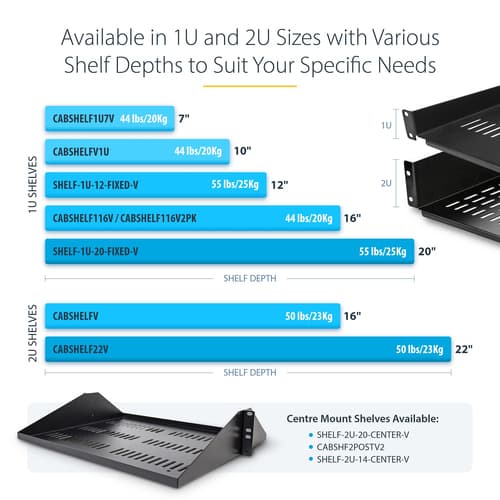 StarTech.com 2-Pack 1U Server Rack Shelf, Vented, 44lb Capacity, 16" Deep (CABSHELF116V2PK) - Rack shelf - black - 1U - 19" (pack of 2) — view 8