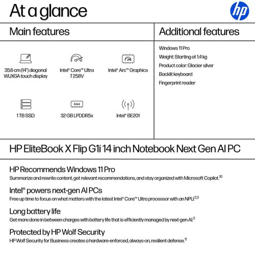 HP EliteBook X Flip G1i Notebook Next Gen AI - Intel Core Ultra 7 - 258V / up to 4.8 GHz - Win 11 Pro - Intel Arc Graphics - 32 GB RAM - 1 TB SSD NVMe - 14" IPS touchscreen HP SureView 5 1920 x 1200 - NFC, Wi-Fi 7, Bluetooth - glacier silver - kbd: UK — view 5