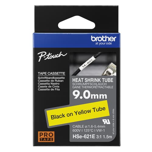 Brother HSe-621E - Black on yellow - Roll (0.9 cm x 1.5 m) 1 cassette(s) hanging box - heat shrink tube tape - for P-Touch PT-D800, PT-E300, PT-E310, PT-E550, PT-P700, PT-P750, PT-P900, PT-P950