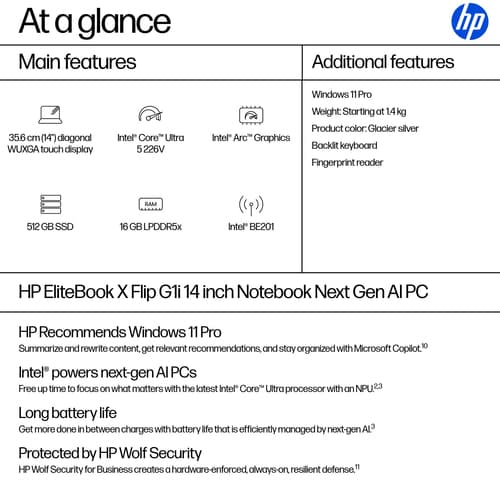 HP EliteBook X Flip G1i Notebook Next Gen AI - Intel Core Ultra 5 - 226V / up to 4.5 GHz - Win 11 Pro - Intel Arc Graphics - 16 GB RAM - 512 GB SSD NVMe - 14" IPS touchscreen 1920 x 1200 - NFC, Wi-Fi 7, Bluetooth - glacier silver - kbd: UK — view 5