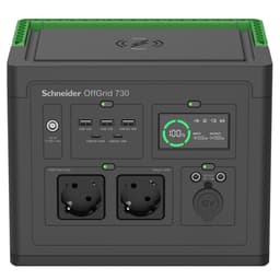 Schneider OffGrid 730 - Portable power station - LCD, lithium-ion, 2 CEE 7/3 schuko outlets, sinewave, 3 USB-A, 1 USB-C, wireless charger - AC 195 - 265 / DC 12 -30 V - 700 Watt - Lithium Ion - 738 Wh - output connectors: 2 - black, green
