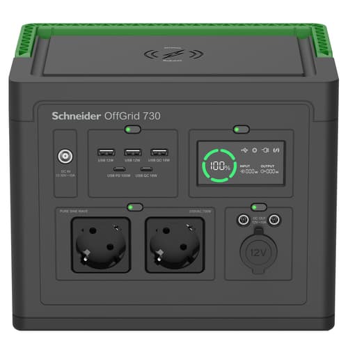 Schneider OffGrid 730 - Portable power station - LCD, lithium-ion, 2 CEE 7/3 schuko outlets, sinewave, 3 USB-A, 1 USB-C, wireless charger - AC 195 - 265 / DC 12 -30 V - 700 Watt - Lithium Ion - 738 Wh - output connectors: 2 - black, green
