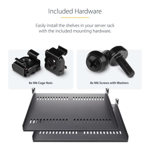 StarTech.com 2-Pack 1U Server Rack Shelf, Vented, 44lb Capacity, 16" Deep (CABSHELF116V2PK) - Rack shelf - black - 1U - 19" (pack of 2) — view 7