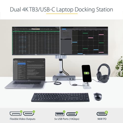StarTech.com Thunderbolt 3 Dock with USB-C Host Compatibility, Dual 4K 60Hz DisplayPort 1.4 or Dual HDMI 2.0 Monitors, Single 8K, TB3/USB-C Laptop Docking Station, 96W PD, 5x USB, 10Gbps - 96W Power Delivery (TB3CDK2DHUE) - Docking station - USB-C 3.2 Gen 2 / Thunderbolt 3 - 2 x HDMI, 2 x DP - 1GbE — view 8
