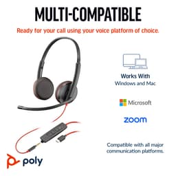 Poly Blackwire 3225 - Blackwire 3200 Series - headset - on-ear - wired - 3.5 mm jack, USB-C - black - Certified for Skype for Business, Cisco Jabber Certified, Avaya Certified, UC certified