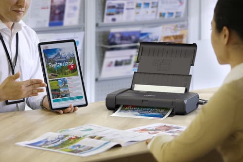 Canon Maxify BX110 Portable Printer. Runs and charges from USB C or battery. WIFI, 5.5ipm Colour. AirPrint, Mopria (Android). 2.4GHz and 5GHz WIFI. Windows, MacOS. iOS, ChromeOS. Replaced IP110 and TR150 Series — view 16