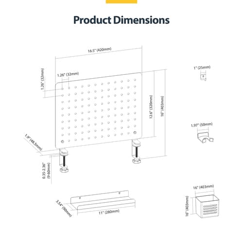 StarTech.com Clamp-On Pegboard with Accessories, 16.5 x 12.5in (42 x 32cm), Steel Pegboard, Desktop Storage Organizer, Desk Mount Peg Board, Black - Mounting component (pegboard panel) - clamp-on - steel - black - desk-mountable — view 8