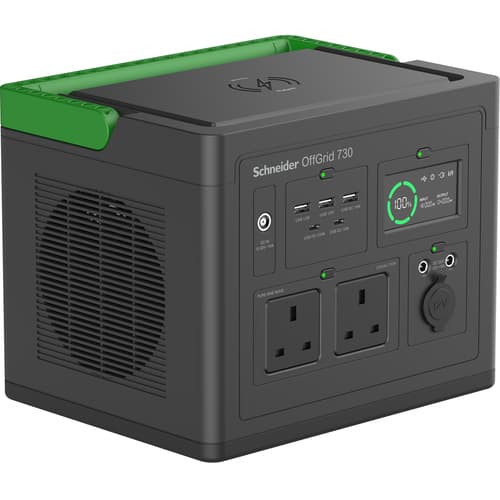 Schneider OffGrid 730 - Portable power station - LCD, 2 BS1363 outlets, sinewave, 3 USB-A, 2 USB-C, wireless charger - AC 190 - 265 / DC 12 -30 V - 700 Watt - Lithium Ion - 738 Wh - output connectors: 2 - United Kingdom - black, green