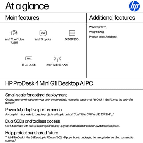 HP ProDesk 4 G1i AI - mini - AI PC - Core Ultra 7 265T 1.5 GHz - vPro Enterprise - 16 GB - SSD 512 GB - UK — view 4