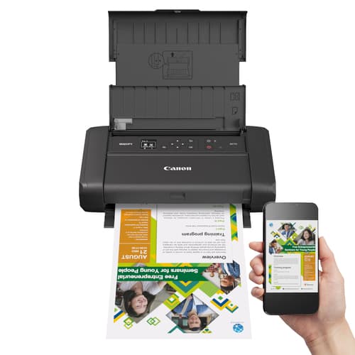 Canon Maxify BX110 Portable Printer. Runs and charges from USB C or battery. WIFI, 5.5ipm Colour. AirPrint, Mopria (Android). 2.4GHz and 5GHz WIFI. Windows, MacOS. iOS, ChromeOS. Replaced IP110 and TR150 Series — view 14