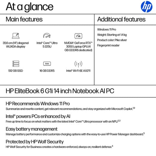 HP EliteBook 6 G1i Notebook AI - 177-degree hinge design - Intel Core Ultra 5 - 225U / up to 4.8 GHz - Win 11 Pro - Intel Graphics - 16 GB RAM - 512 GB SSD NVMe - 14" IPS 1920 x 1200 - Gigabit Ethernet - Wi-Fi 6E, Bluetooth - pike silver aluminium - kbd: UK — view 5