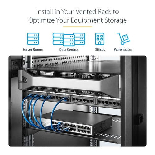 StarTech.com 2-Pack 1U Server Rack Shelf, Vented, 44lb Capacity, 16" Deep (CABSHELF116V2PK) - Rack shelf - black - 1U - 19" (pack of 2) — view 6