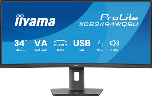 iiyama ProLite XCB3494WQSU-B1 - LED monitor - curved - 34" - 3440 x 1440 UWQHD @ 120 Hz - VA - 350 cd/m� - 3000:1 - 0.4 ms - HDMI, DisplayPort, USB-C - speakers - matte black