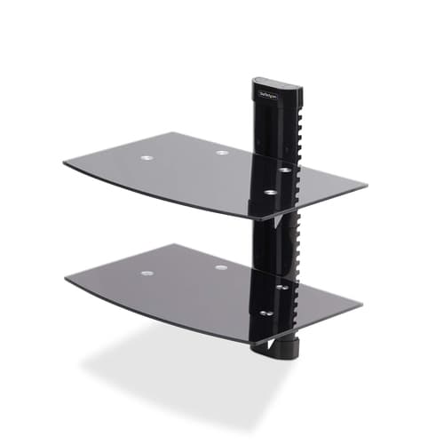 StarTech.com Dual Floating Wall-Mounted AV Shelves, Adjustable Height Shelf For Under TV, Organize A/V Equipment On Black Tempered Glass Shelves - Shelf - for audio/video components - aluminium, steel, plastic - black - wall-mountable