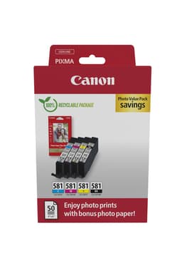 Canon CLI-581 C/M/Y/BK Photo Value Pack - 4-pack - 5.6 ml - black, yellow, cyan, magenta - original - box - ink tank / paper kit - for PIXMA TS6251, TS6350, TS6351, TS705, TS8252, TS8350, TS8351, TS8352, TS9550, TS9551