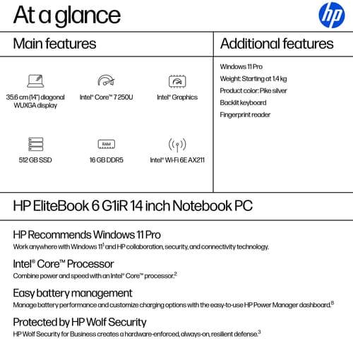 HP EliteBook 6 G1iR Notebook - Intel Core 7 - 250u / up to 5.4 GHz - Win 11 Pro - Intel Graphics - 16 GB RAM - 512 GB SSD NVMe - 14" IPS 1920 x 1200 - Ethernet - Wi-Fi 6E, Bluetooth - pike silver aluminium - kbd: UK — view 5