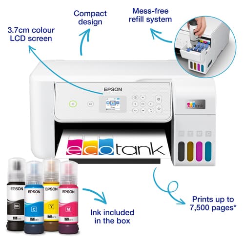 Epson EcoTank ET-2876 - Multifunction printer - colour - ink-jet - ITS - A4 (media) - up to 10 ppm (printing) - 100 sheets - Wi-Fi, USB - white