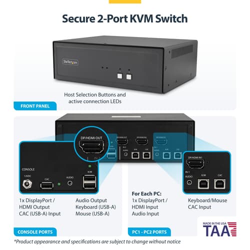 StarTech.com - KVM switch - secure - 2 x KVM port(s) - 1 local user - desktop - TAA Compliant — view 5