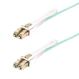 StarTech.com 8m (26ft) LC to LC (UPC) OM4 Multimode Fiber Optic Cable w/Push Pull Tabs, 50/125�m, 100G Networks, Bend Insensitive, Low Insertion Loss - LSZH Fiber Patch Cord (450FBLCLC8PP) - Patch cable - LC/UPC multi-mode (M) to LC/UPC multi-mode (M) - 8 m - 2.9 mm - fibre optic - duplex - 50 / 125 micron - OM3/OM4 - halogen-free, up to 100 Gbps data transfer rate, molded - aqua