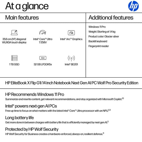 HP EliteBook X Flip G1i Notebook Next Gen AI - Flip design - Intel Core Ultra 7 - 258V / up to 4.8 GHz - Win 11 Pro - Intel Arc Graphics 140V - 32 GB RAM - 1 TB SSD NVMe - 14" IPS touchscreen HP SureView 5 1920 x 1200 - NFC, Wi-Fi 7, Bluetooth - 5G LTE - glacier silver, soft grey (keyboard) - kbd: UK - with HP Wolf Pro Security Edition (1 year) — view 5