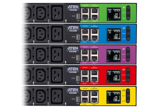 ATEN PG series PG5308G - Power distribution unit (rack-mountable) - 30A/32A, metered, eco - AC 100-240 V - 7680 VA - Ethernet 10/100/1000 - input: IEC 60309 32A - output connectors: 8 (6 x IEC 60320 C13, 2 x IEC 60320 C19) - 1U - 3 m cord — view 7