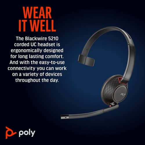 Poly Blackwire 5210 - Blackwire 5200 series - headset - on-ear - wired - 3.5 mm jack, USB-C - black - Certified for Microsoft Teams, Certified for Skype for Business, Cisco Jabber Certified, Avaya Certified, Works With Chromebook Certified, Zoom Certified, UC certified — view 8
