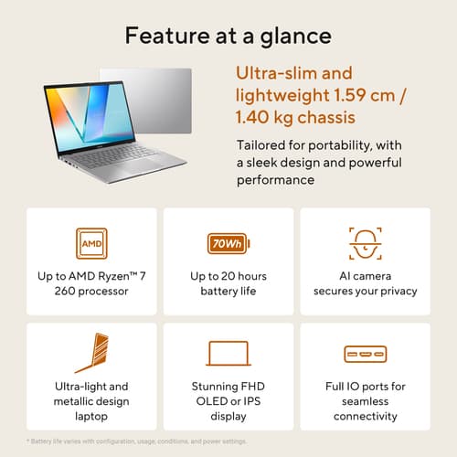 ASUS VivoBook S14 M3407HA-LY014W - AMD Ryzen 5 - 220 / up to 4.9 GHz - Win 11 Home - Radeon 740M - 16 GB RAM - 512 GB SSD NVMe - 14" 1920 x 1200 - Wi-Fi 6, Bluetooth - cool silver — view 24