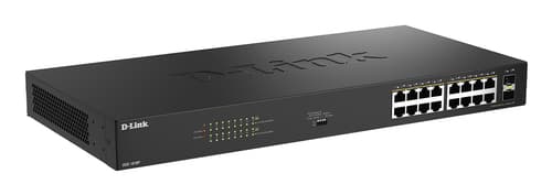 D-Link DGS 1018P - Switch - unmanaged - 16 x 10/100/1000 (PoE) + 2 x combo Gigabit SFP - rack-mountable, desktop - PoE (240 W) — view 3