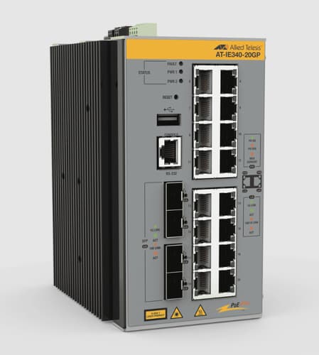 Allied Telesis AT IE340-20GP - Switch - L3 - Managed - 8 x 10/100/1000 (PoE+) + 8 x 10/100/1000 (PoE) + 4 x Gigabit SFP - DIN rail mountable, wall-mountable - PoE+ (240 W) - DC power - TAA Compliant