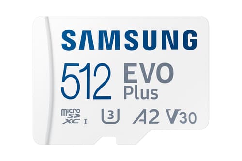 Samsung EVO Plus MB-MC512S - Flash memory card (microSDXC to SD adapter included) - 512 GB - A2 / Video Class V30 / UHS-I U3 / Class10 - microSDXC UHS-I - white