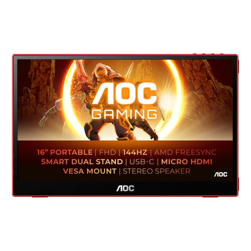 AOC Gaming 16G3 - LED monitor - 15.6" - portable - 1920 x 1080 Full HD (1080p) @ 144 Hz - IPS - 250 cd/m� - 1000:1 - 4 ms - HDMI, Micro HDMI, USB-C - speakers - black, red