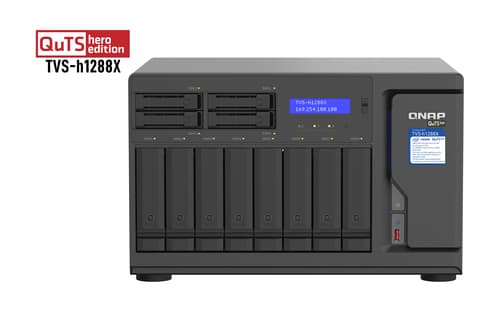 QNAP TVS-h1288X - NAS server - 12 bays - SATA 6Gb/s - RAID 0, 1, 5, 6, 10, 50, JBOD, 5 hot spare, 6 hot spare, 60, 10 hot spare, RAID TP - RAM 16 GB - Gigabit Ethernet / 2.5 Gigabit Ethernet / 10 Gigabit Ethernet - iSCSI support