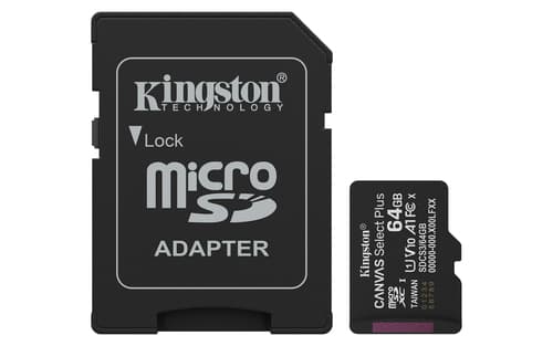 Kingston Canvas Select Plus - Flash memory card (microSDXC to SD adapter included) - 64 GB - A1 / Video Class V10 / UHS-I U1 / Class10 - microSDXC UHS-I