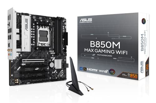 ASUS B850M MAX GAMING WIFI - Motherboard - micro ATX - Socket AM5 - AMD B850 Chipset - USB-C 3.2 Gen2, USB-C 3.2 Gen 1, USB 3.2 Gen 2, USB 3.2 Gen 1 - Wi-Fi 6, Bluetooth, Gigabit LAN - onboard graphics (CPU required) - HD Audio (8-channel)