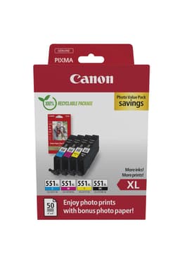 Canon CLI-551XL C/M/Y/BK Photo Value Pack - 4-pack - 11 ml - XL - yellow, cyan, magenta, black - original - box - ink tank / paper kit - for MAXIFY MG6650, PIXMA iP8750, iX6850, MG5550, MG5650, MG6650, MG7550, MX725, PIXUS MG7550
