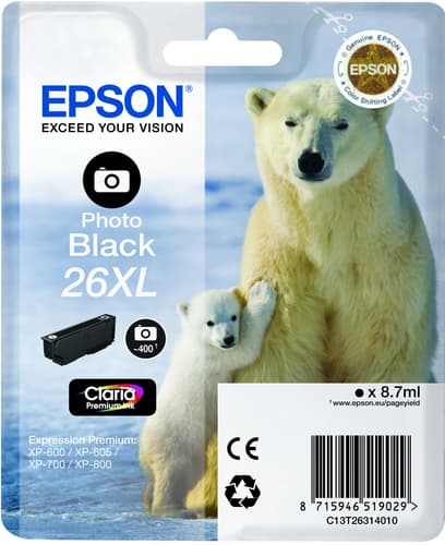 Epson 26XL - 8.7 ml - XL - photo black - original - ink cartridge - for Expression Premium XP-510, 520, 600, 605, 610, 615, 620, 625, 700, 710, 720, 800, 810, 820