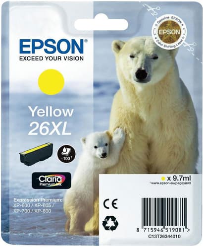 Epson 26XL - 9.7 ml - XL - yellow - original - ink cartridge - for Expression Premium XP-510, 520, 600, 605, 610, 615, 620, 625, 700, 710, 720, 800, 810, 820