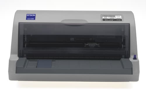 Epson LQ-630 Dot matrix flat-bed printer, 24 pins, 80 column, original + 4 copies, 300 cps HSD (10 cpi), Epson ESC/P2 - IBM PPDS emulation, 14 fonts, 8 Barcode fonts, 2 paper paths, single and continous sheet, paper park, Parallel and USB I/F