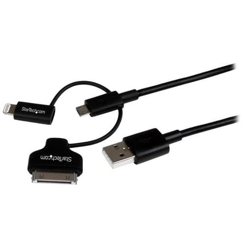 StarTech.com 1m 3 ft Black Apple 8-pin Lightning or 30-pin Dock Connector or Micro USB to USB Cable for iPhone iPod iPad - Charge & Sync (LTADUB1MB) - Charging / data cable - Apple Dock, Micro-USB Type B, Lightning male to USB male - 1 m - double shielded - black - for P/N: ST4CU424, ST4CU424EU, ST4CU424UK, ST8CU824