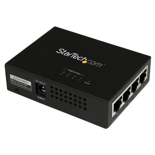 StarTech.com 4 Port Gigabit Midspan - PoE+ Injector - 802.3at and 802.3af - Wall-mountable Power over Ethernet Midspan (POEINJ4G) - PoE injector - AC 100-240 V - 120 Watt - output connectors: 4 - black - for P/N: POEEXT1GAT, POEEXT2GAT, ST12MHDLANU