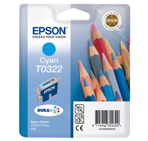 Epson T0322 - 16 ml - cyan - original - blister - ink cartridge - for Stylus C70, C70 Plus, C80, C80N, C80WN