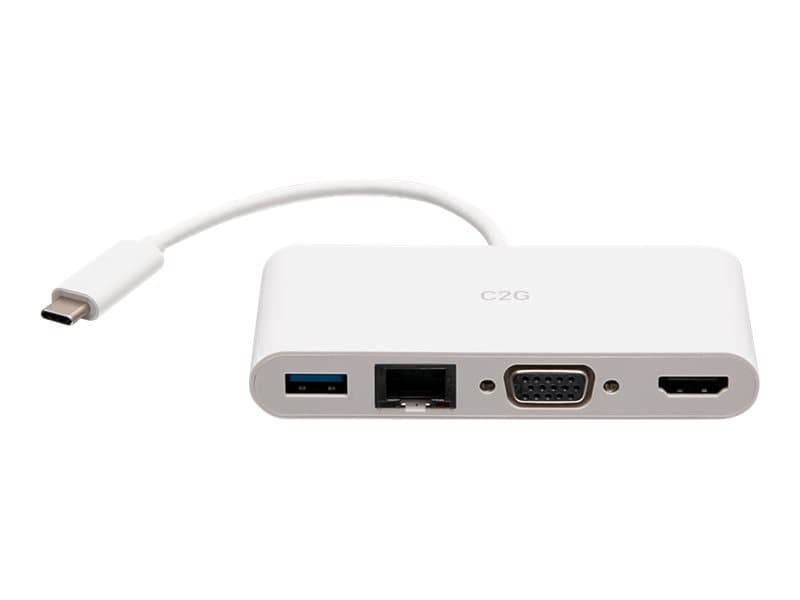 C2G USB C to HDMI, VGA, USB A & RJ45 Adapter - 4K 30Hz - White - Docking station - USB-C / Thunderbolt 3 - VGA, HDMI - 1GbE