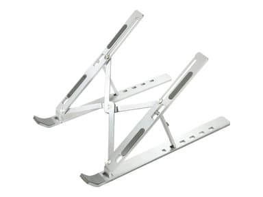 Folding design for travel - seven angle options - steepest angle 39 degrees - abs plastic construction is 66 grams lighter than aluminium alloy alternatives - weighs 171 grams - silicon anti skid pads protect laptop and table - silver