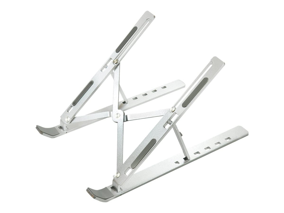 Folding design for travel - seven angle options - steepest angle 39 degrees - abs plastic construction is 66 grams lighter than aluminium alloy alternatives - weighs 171 grams - silicon anti skid pads protect laptop and table - silver