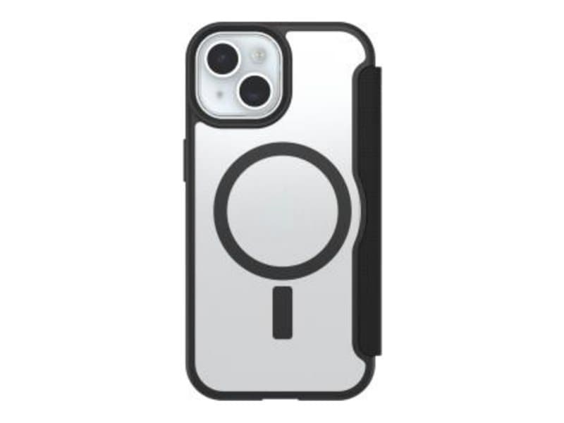 OtterBox React Series Folio Case for iPhone 16e, 15, 14, 13, Shockproof, Drop proof, Protective Folio with Card Holder, Tested to Military Standard, Clear/Black, No Retail Packaging