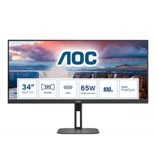 AOC Value-line U34V5C/BK - V5 series - LED monitor - 34" - 3440 x 1440 WQHD @ 100 Hz - VA - 300 cd/m� - 4000:1 - 4 ms - HDMI, DisplayPort, USB-C - speakers - matte black